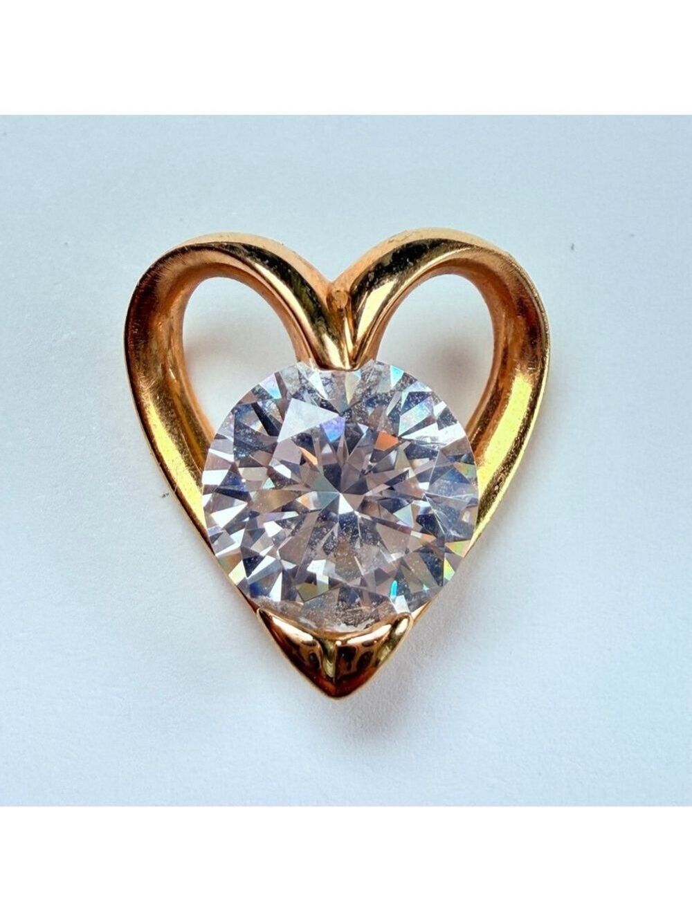 14K Solid Yellow Gold Open Heart 2.25 CT Diamonique CZ Solitaire Charm Pendant